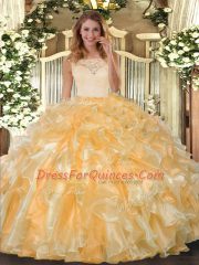 Gold Ball Gowns Scoop Sleeveless Organza Floor Length Clasp Handle Lace and Ruffles Sweet 16 Dress