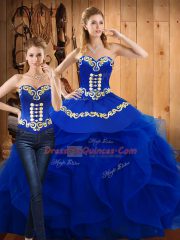 Fashionable Blue Sleeveless Satin and Organza Lace Up Sweet 16 Dress for Military Ball and Sweet 16 and Quinceanera