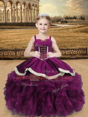 Purple Ball Gowns Organza Straps Sleeveless Beading and Ruffles Floor Length Lace Up Winning Pageant Gowns
