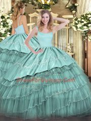 Great Sleeveless Organza Floor Length Zipper Quinceanera Gowns in Blue with Embroidery and Ruffled Layers