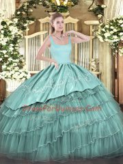 Great Sleeveless Organza Floor Length Zipper Quinceanera Gowns in Blue with Embroidery and Ruffled Layers
