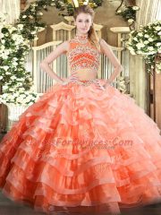 Beading and Ruffled Layers Vestidos de Quinceanera Orange Red Backless Sleeveless Floor Length