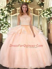 Floor Length Clasp Handle Quince Ball Gowns Peach for Military Ball and Sweet 16 and Quinceanera with Lace