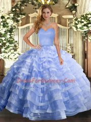 Lavender Ball Gowns Sweetheart Sleeveless Organza Floor Length Lace Up Ruffled Layers Quinceanera Gowns