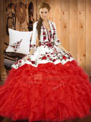 Beautiful Red Sleeveless Tulle Lace Up Quinceanera Dresses for Military Ball and Sweet 16 and Quinceanera