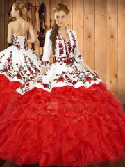 Beautiful Red Sleeveless Tulle Lace Up Quinceanera Dresses for Military Ball and Sweet 16 and Quinceanera