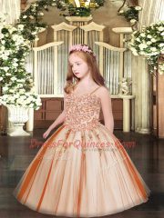 Rust Red Spaghetti Straps Neckline Appliques Kids Pageant Dress Sleeveless Lace Up