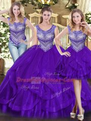 New Style Purple Ball Gowns Beading and Ruffles Quince Ball Gowns Lace Up Tulle Sleeveless Floor Length