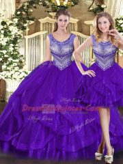 New Style Purple Ball Gowns Beading and Ruffles Quince Ball Gowns Lace Up Tulle Sleeveless Floor Length