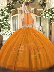 Scoop Sleeveless Ball Gown Prom Dress Floor Length Beading Rust Red Tulle