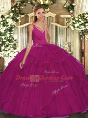 Fuchsia Ball Gowns V-neck Sleeveless Organza Floor Length Backless Ruffles Sweet 16 Quinceanera Dress