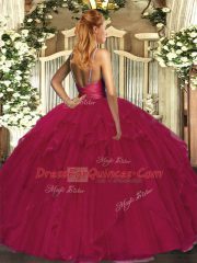 Fuchsia Ball Gowns V-neck Sleeveless Organza Floor Length Backless Ruffles Sweet 16 Quinceanera Dress