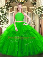 Flirting Green Two Pieces Tulle Scoop Sleeveless Ruffles Floor Length Zipper Sweet 16 Dresses