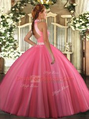 Floor Length Backless Quince Ball Gowns Rose Pink for Military Ball and Sweet 16 and Quinceanera with Beading