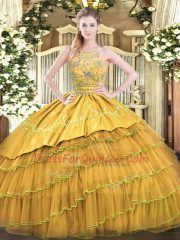 Flirting Floor Length Gold Quinceanera Gown Halter Top Sleeveless Zipper