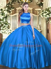 Pretty Sleeveless Floor Length Ruching Criss Cross Quinceanera Dresses with Blue