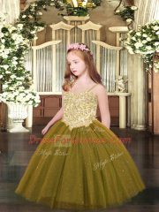 Floor Length Brown Kids Pageant Dress Tulle Sleeveless Appliques