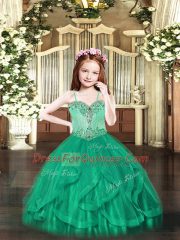 Hot Selling Ball Gowns Little Girl Pageant Dress Turquoise Spaghetti Straps Tulle Sleeveless Floor Length Lace Up