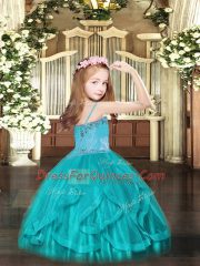 Hot Selling Ball Gowns Little Girl Pageant Dress Turquoise Spaghetti Straps Tulle Sleeveless Floor Length Lace Up