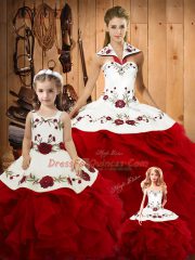 Attractive Halter Top Sleeveless Lace Up Quinceanera Gowns Wine Red Satin and Organza