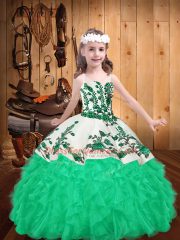 Low Price Turquoise Sleeveless Organza Lace Up Little Girls Pageant Dress for Party and Sweet 16 and Quinceanera and Wedding Party