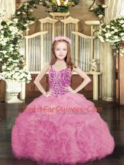 Rose Pink Ball Gowns Organza Spaghetti Straps Sleeveless Beading and Ruffles and Pick Ups Floor Length Lace Up Child Pageant Dress