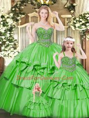 Designer Green Lace Up Sweetheart Beading and Ruffled Layers Quince Ball Gowns Organza Sleeveless