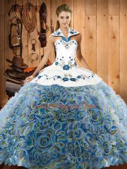 Multi-color 15th Birthday Dress Military Ball and Sweet 16 and Quinceanera with Embroidery Halter Top Sleeveless Sweep Train Lace Up