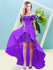 Off The Shoulder Short Sleeves Prom Dress High Low Beading Eggplant Purple Elastic Woven Satin and Sequined
