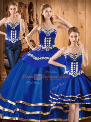 Affordable Floor Length Lace Up Quinceanera Dresses Blue for Military Ball and Sweet 16 and Quinceanera with Embroidery