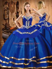 Affordable Floor Length Lace Up Quinceanera Dresses Blue for Military Ball and Sweet 16 and Quinceanera with Embroidery