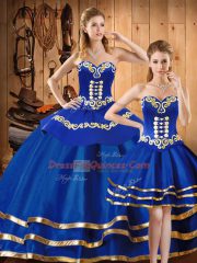 Affordable Floor Length Lace Up Quinceanera Dresses Blue for Military Ball and Sweet 16 and Quinceanera with Embroidery