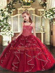 Ball Gowns Girls Pageant Dresses Red Straps Tulle Sleeveless Floor Length Lace Up