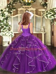 Ball Gowns Girls Pageant Dresses Red Straps Tulle Sleeveless Floor Length Lace Up