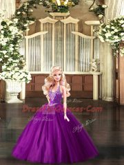 Stylish Purple Ball Gown Prom Dress Military Ball and Sweet 16 and Quinceanera with Beading Straps Sleeveless Lace Up