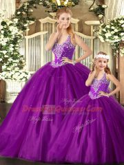 Stylish Purple Ball Gown Prom Dress Military Ball and Sweet 16 and Quinceanera with Beading Straps Sleeveless Lace Up