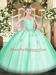 Elegant Floor Length Lace Up Sweet 16 Dress Apple Green for Military Ball and Sweet 16 and Quinceanera with Beading and Appliques