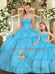 Admirable Aqua Blue Lace Up Sweetheart Beading and Ruffled Layers Quinceanera Gown Organza Sleeveless