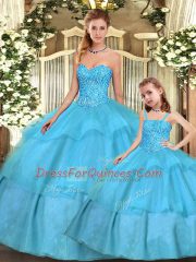 Admirable Aqua Blue Lace Up Sweetheart Beading and Ruffled Layers Quinceanera Gown Organza Sleeveless