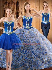 Traditional Sweep Train Three Pieces 15 Quinceanera Dress Multi-color Sweetheart Satin and Fabric With Rolling Flowers Sleeveless With Train Lace Up