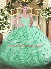 Custom Design Straps Sleeveless Quince Ball Gowns Brush Train Ruffled Layers Apple Green Organza