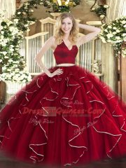 Noble Two Pieces Quinceanera Dresses Wine Red Halter Top Organza Sleeveless Floor Length Zipper