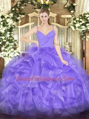 Lavender Organza Zipper Quince Ball Gowns Sleeveless Floor Length Ruffles