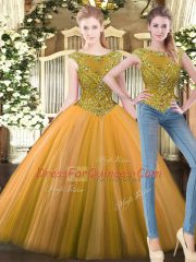 Beautiful Olive Green Sleeveless Floor Length Beading Zipper Ball Gown Prom Dress