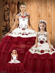 Halter Top Sleeveless Satin and Organza Vestidos de Quinceanera Embroidery and Ruffled Layers Brush Train Lace Up