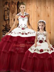 Halter Top Sleeveless Satin and Organza Vestidos de Quinceanera Embroidery and Ruffled Layers Brush Train Lace Up