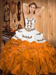 Colorful Strapless Sleeveless Satin and Organza Sweet 16 Dresses Embroidery and Ruffles Lace Up