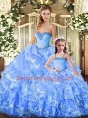 Luxurious Baby Blue Organza Lace Up Sweetheart Sleeveless Floor Length Vestidos de Quinceanera Beading and Ruffles