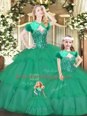Exceptional Floor Length Lace Up Quinceanera Dress Green for Military Ball and Sweet 16 and Quinceanera with Beading and Ruffled Layers