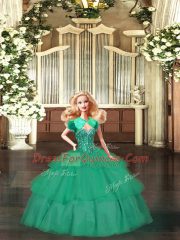Exceptional Floor Length Lace Up Quinceanera Dress Green for Military Ball and Sweet 16 and Quinceanera with Beading and Ruffled Layers